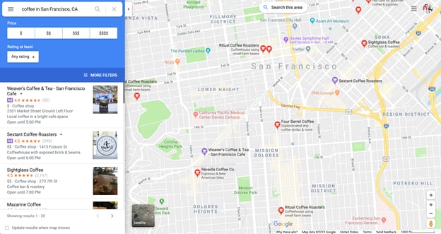 Promoted pins on Google Maps example.